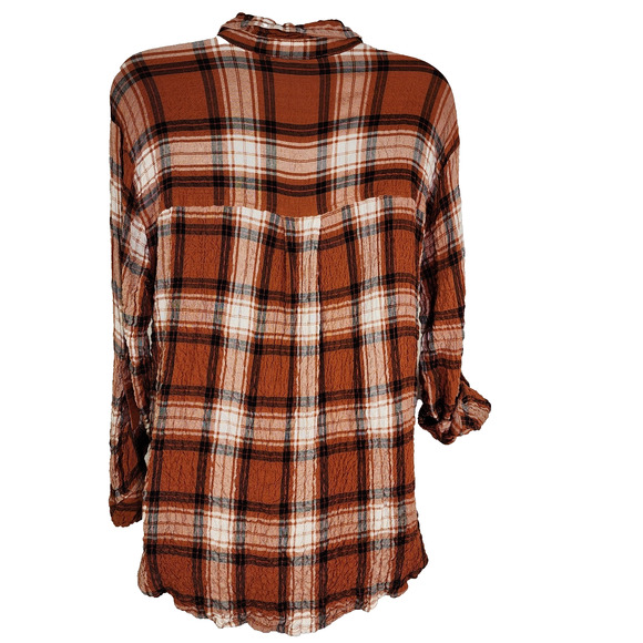 Jane and Delancey Women Shirt Plaid Button Long Tab Sleeve Orange Crinkle Medium - Picture 2 of 12